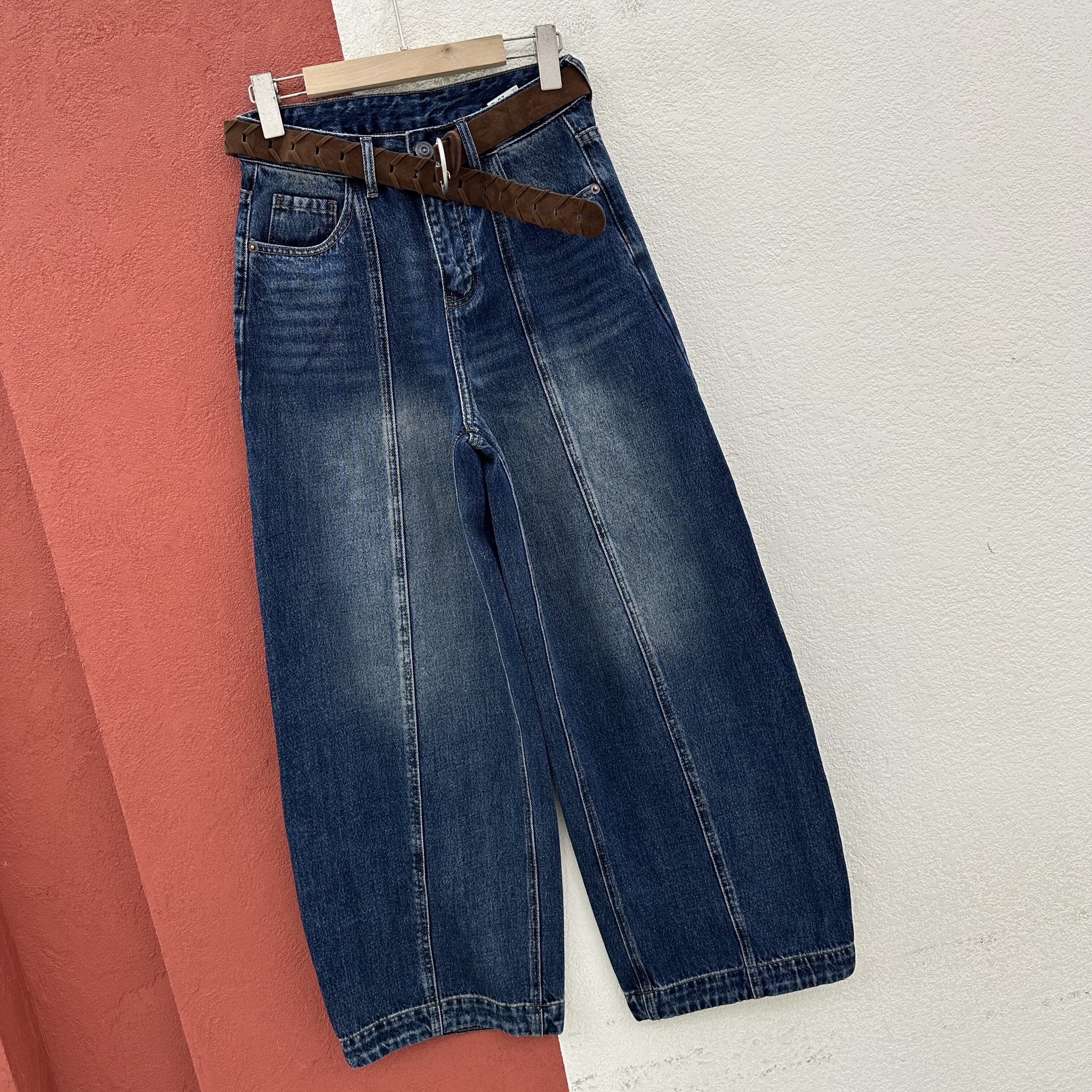 2026秋款JEANS红提子19075牛仔裤女高腰压线弯刀裤皮标海鸥线长裤