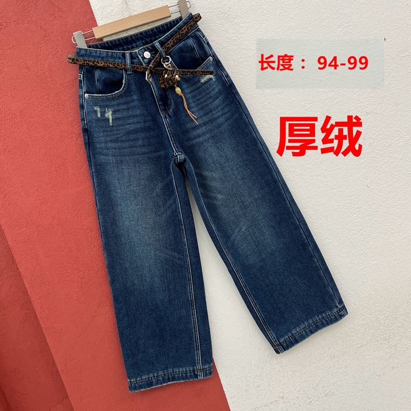 JEANS佑度 倩小妞19118牛仔裤女高腰厚绒九分磨破直筒裤阔腿裤YKK