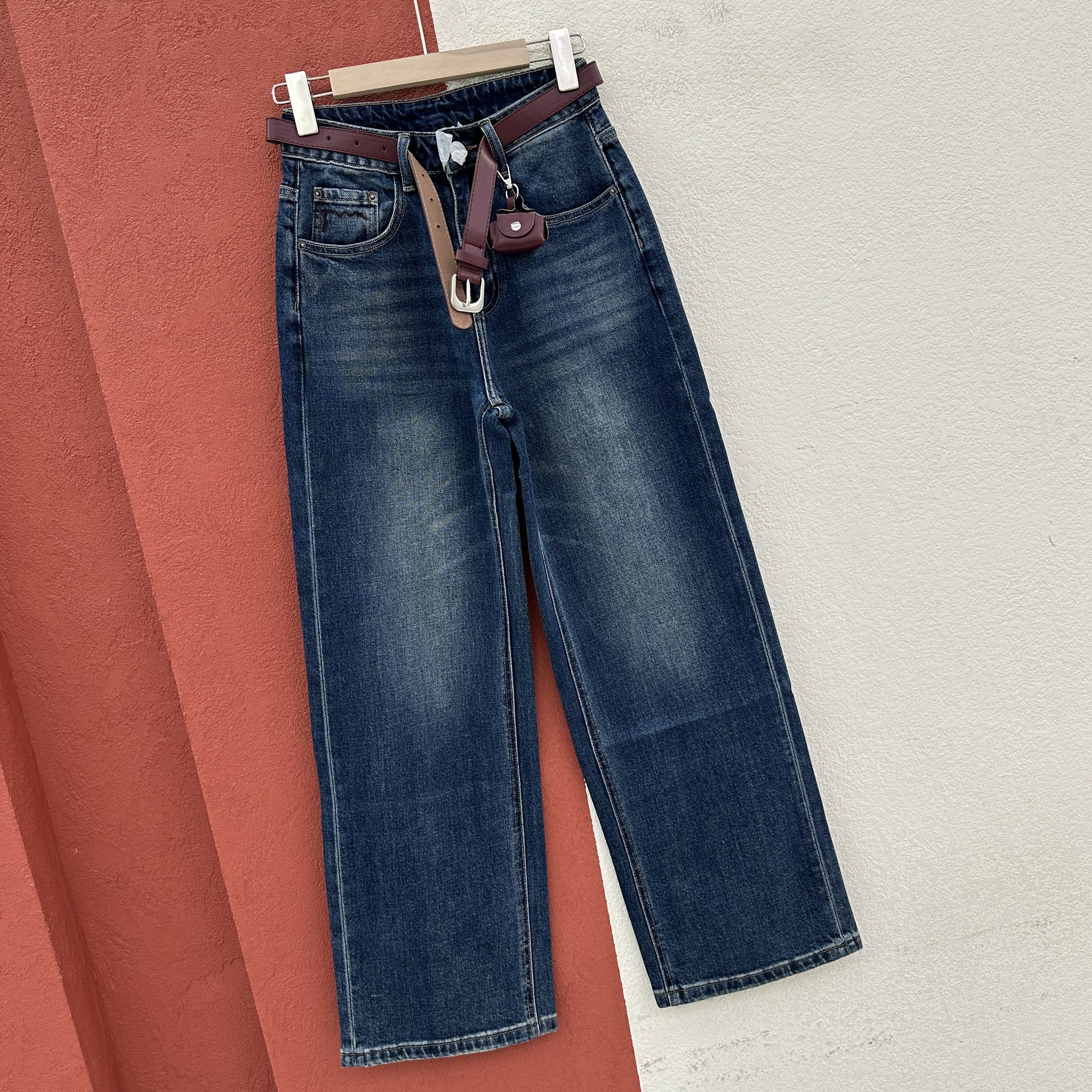 2026秋款JEANS MOZI沫子18867牛仔裤女式高腰皮带腰包直筒拖地裤