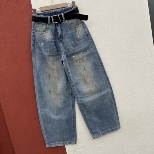 Q FASHION JEANS春款酷希莱61232牛仔女欧洲站浅蓝油漆花点弯刀裤