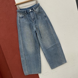 2026春款JEANS 56316牛仔裤女高腰宽松流星烫钻弯刀裤浅蓝香蕉裤