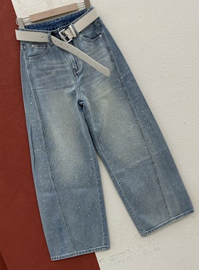 YAK JEANS阿里莎莎87568牛仔裤女蓝色高温流星烫钻弯刀裤香蕉长裤