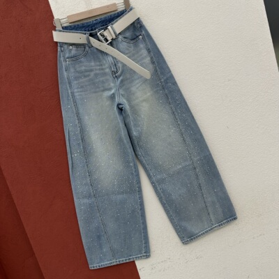 YAK JEANS阿里莎莎87568牛仔裤女蓝色高温流星烫钻弯刀裤香蕉长裤