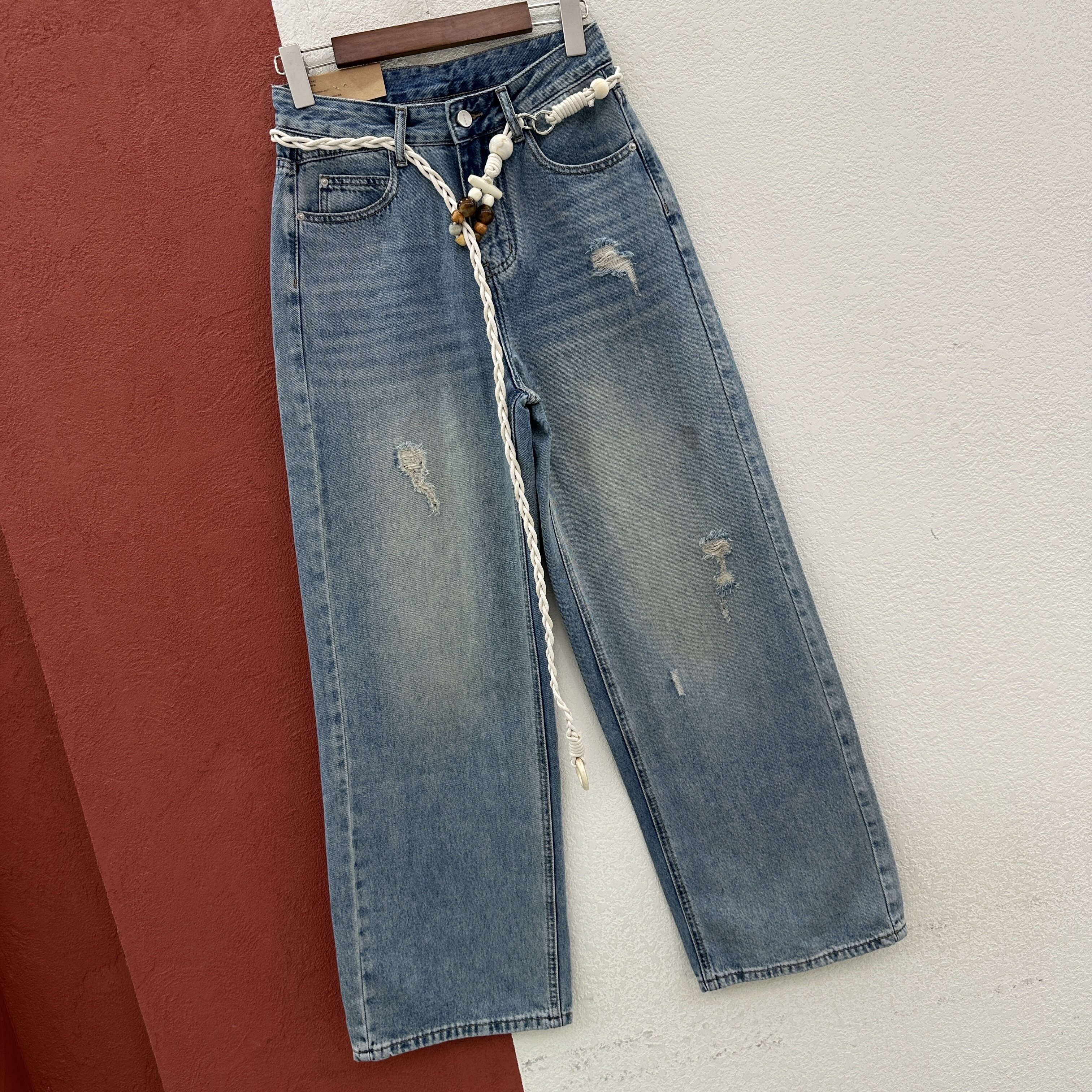 2026春款HYFS JEANS红提子66112牛仔裤女高腰破洞窄版直筒拖地裤