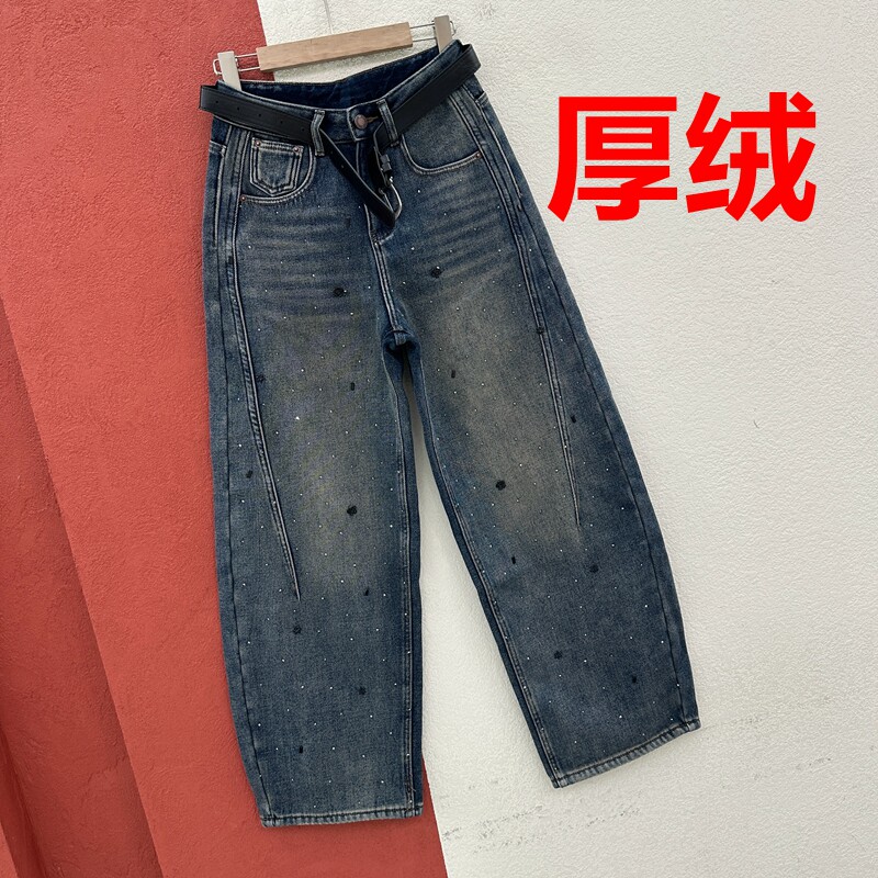 秋冬欧货JEANS红提子19525牛仔裤女厚绒烫钻弯刀裤压线镰刀裤筒裤