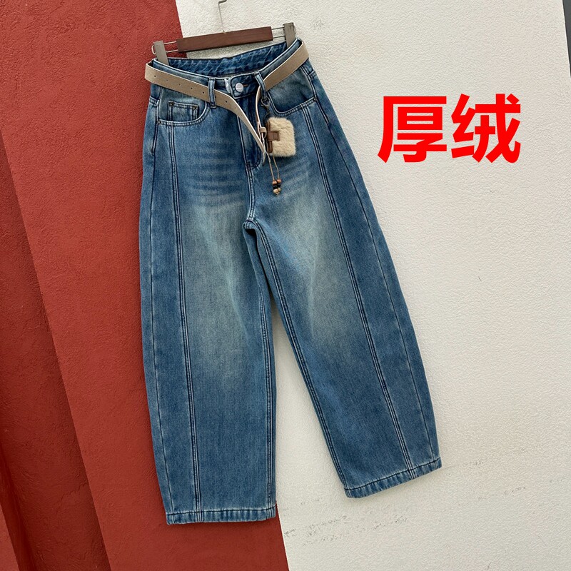 冬季FASHION JEANS欧货26717牛仔裤女厚绒棉裤高腰鱼骨线弯刀长裤