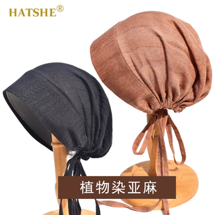 HATSHE设计师真丝亚麻系带头巾包头帽匠人工作束发帽遮白发半帽男
