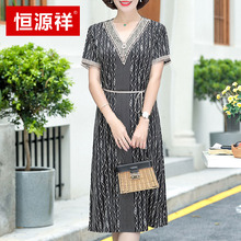 恒源祥仿真丝连衣裙女中老年洋气印花裙妈妈夏装中长款雪纺裙子薄图片