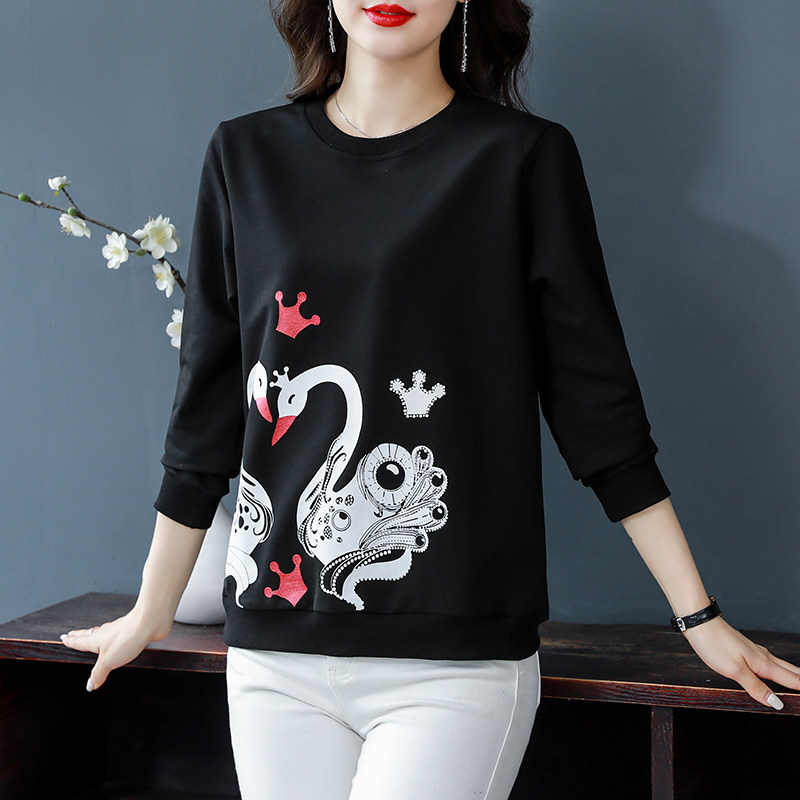 加肥加大码春秋薄款印花卫衣200斤中年妈妈圆领T恤宽松遮肚女上衣