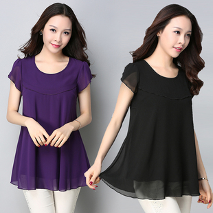 200斤加肥加大雪纺衫女胖mm特大码宽松短袖t恤夏装显瘦遮肚子上衣
