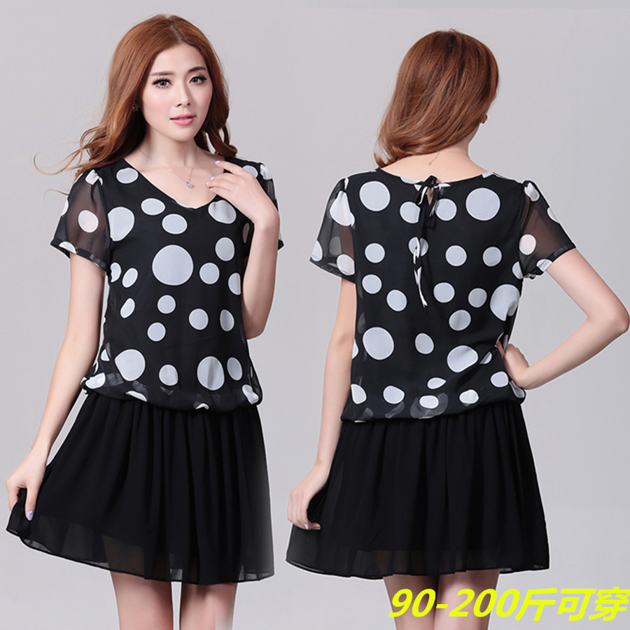 波点连衣裙女夏季宽松胖mm特大码女装雪纺裙加肥加大显瘦遮肚裙子