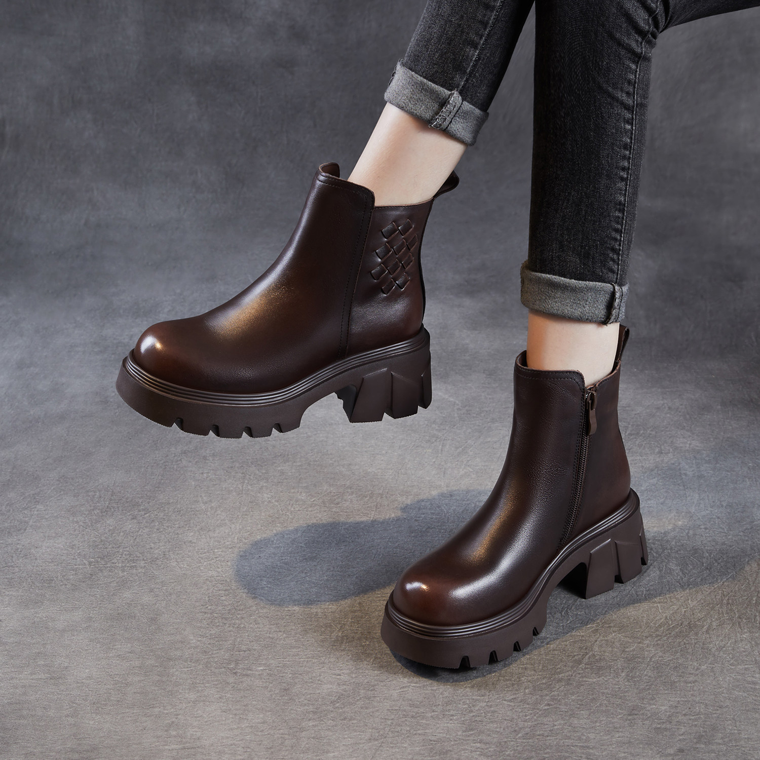 头层牛皮厚底马丁靴女2025秋冬加绒棉鞋真皮高跟编织侧拉链短靴子