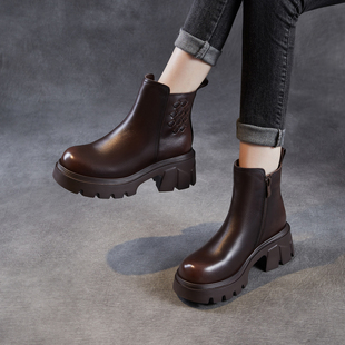 头层牛皮厚底马丁靴女2025秋冬加绒棉鞋 真皮高跟编织侧拉链短靴子