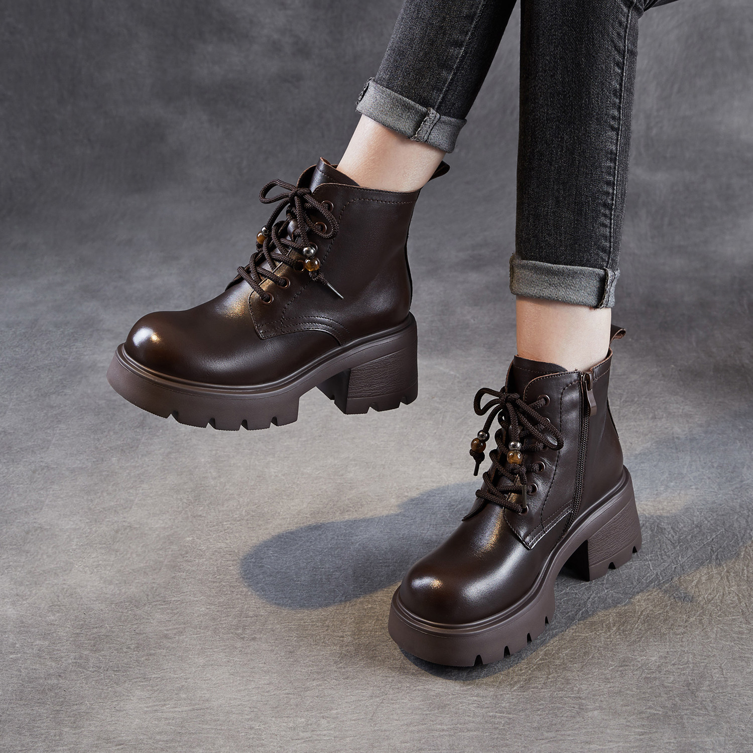 头层牛皮马丁靴女2025秋冬季厚底加绒棉短靴粗跟小个子增高英伦风