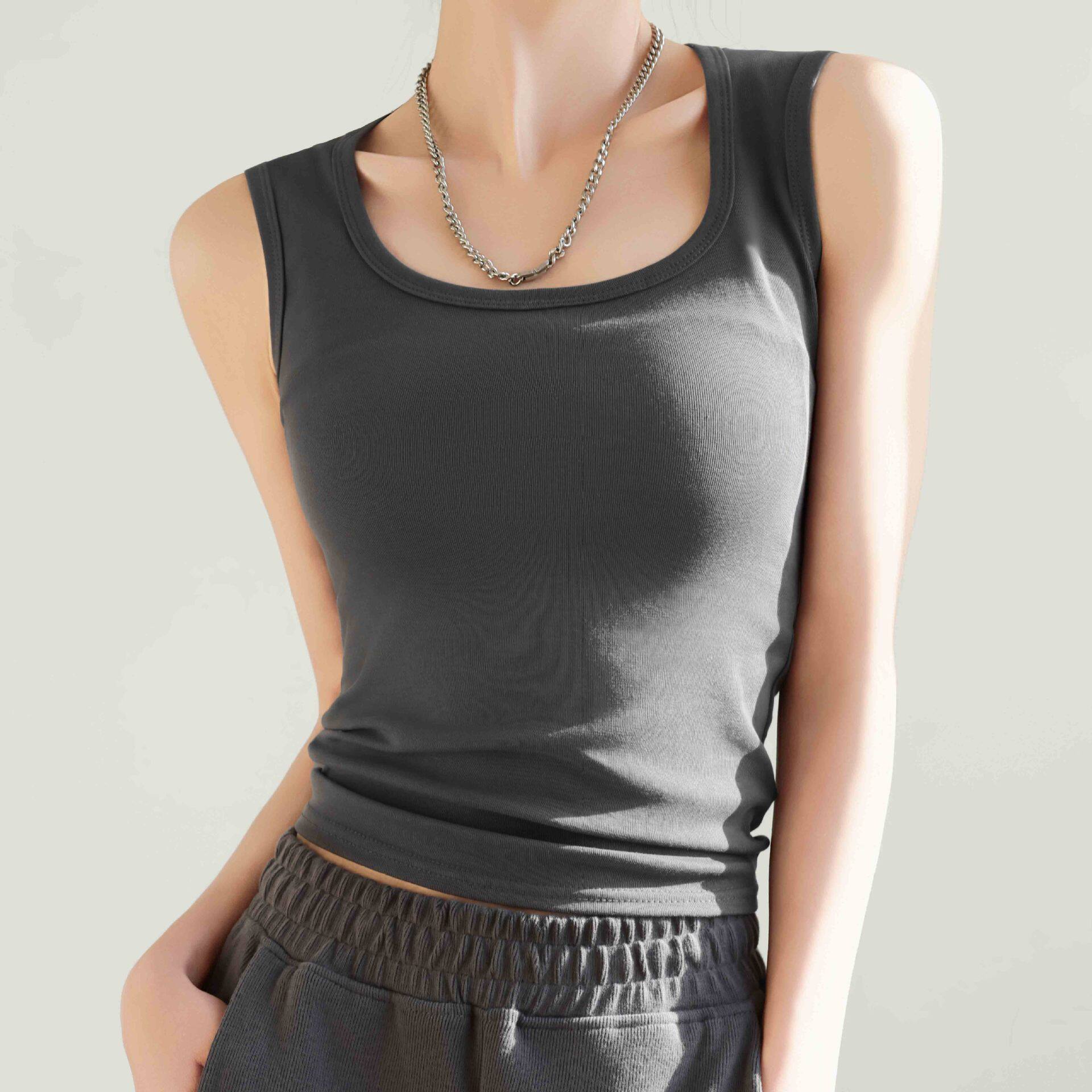 H549纯棉u领吊带背心女夏季内搭遮副乳美背外穿带胸垫打底上衣女