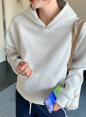 K1202套头连帽卫衣女秋冬加厚正肩休闲纯色宽松显瘦百搭长袖上衣