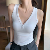 棉打底上衣 辣妹修身 K3019严选螺纹纽扣v领吊带背心女春夏新款 美式