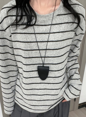 K2399严选条纹圆领打底衫女早秋冬季韩版慵懒宽松磨毛长袖T恤上衣