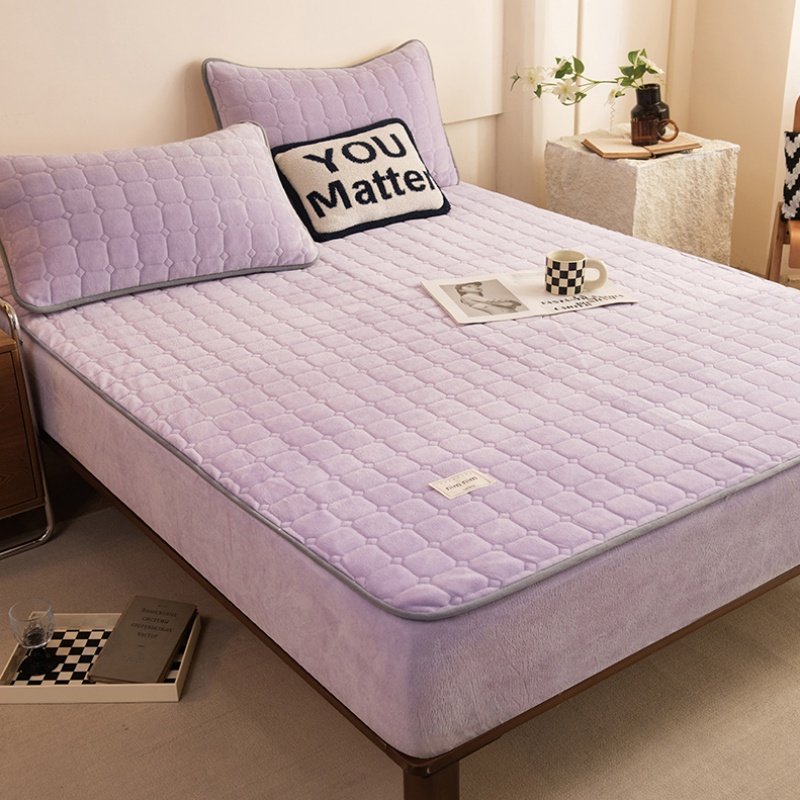 浅紫色加厚床笠单件丁香紫色冬季夹棉A类牛奶绒床垫保护罩单人1.2