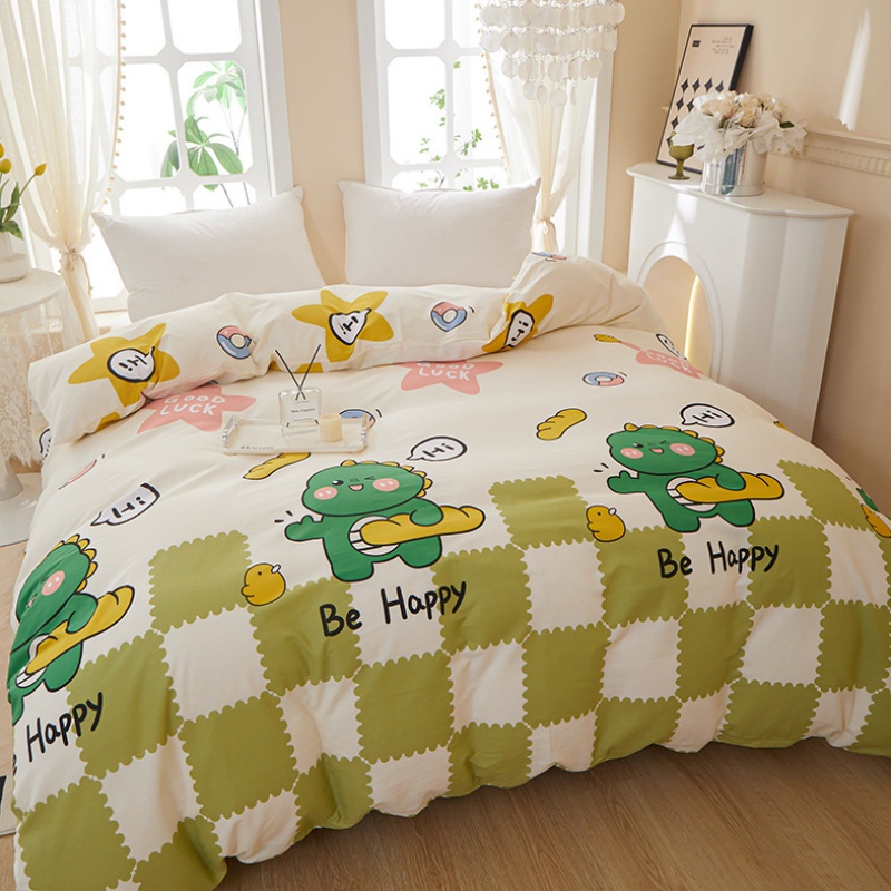 动漫恐龙方格全棉被套单件草绿过滤米白黄色纯棉被罩宿舍单人被袋
