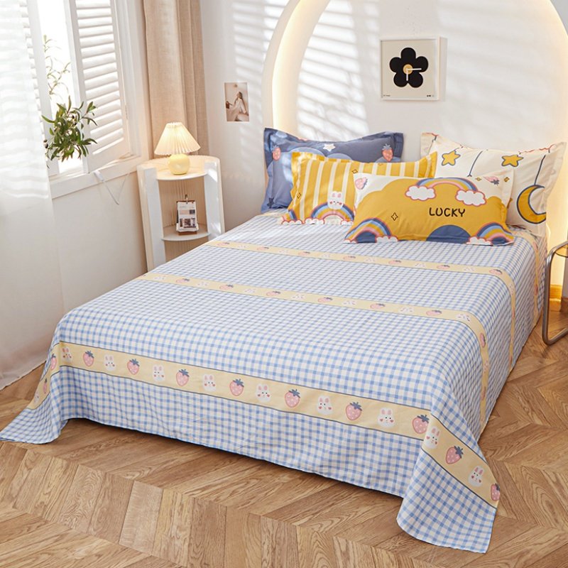 草莓小格全棉床单单件天蓝浅黄粉色格纹纯棉宿舍单人被单双人炕单