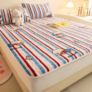 加厚床笠单件宝蓝米白红色条纹冬季夹棉A类牛奶绒床垫保护罩单人