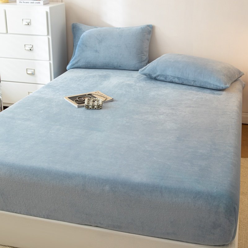 雾蓝色床笠单件冬季加厚牛奶绒床套罩浅海蓝色保暖加绒床垫罩1.5m