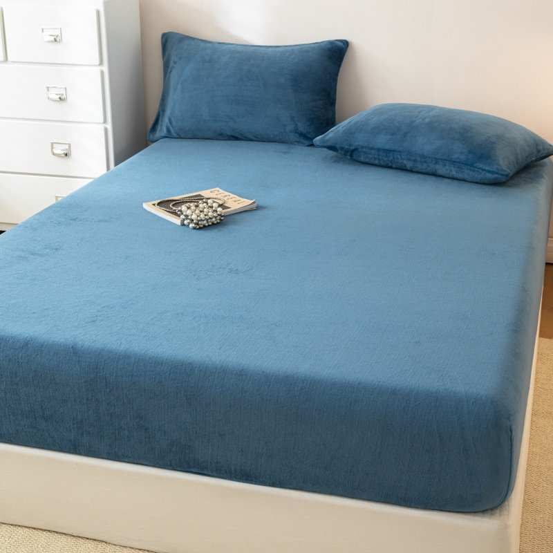 床笠单件冬季加厚牛奶绒床套罩藏青深海蓝色法兰绒保暖防滑床垫罩