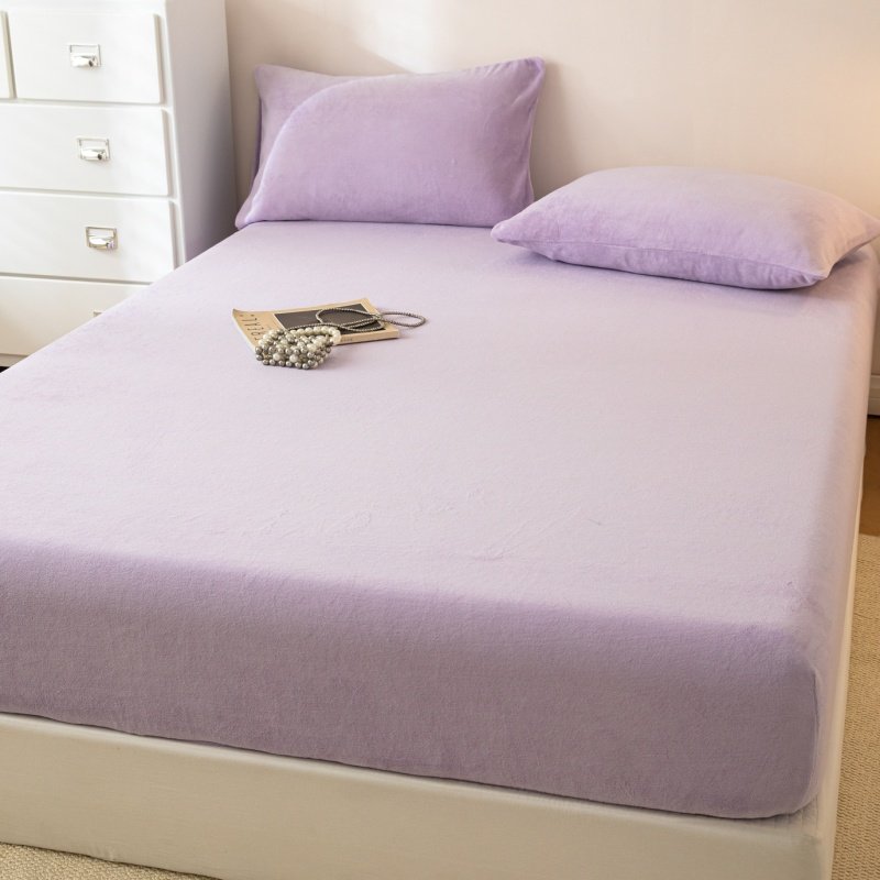 浅紫色床笠单件冬季加厚牛奶绒床套罩丁香紫纯色法兰绒保暖床垫罩