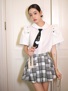 翻领衬衫 CAN夏季 高定泡泡袖 法式 女小众设计感领带衬衣 新款