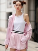 减龄两件套装 CAN2021夏季 女 ＋字母短裤 时尚 新款 粉色高定缎面衬衫