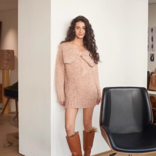 Forevercan女装2025新款圣米希尔立体蝴蝶结水滴镂空毛衣连衣裙