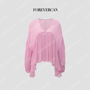 Forevercan女装“粉木槿”100人丝V领荷叶边灯笼袖宽松上衣
