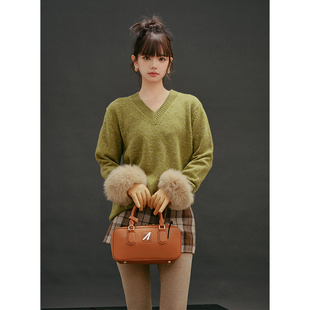 Forevercan女装 绿野仙踪慵懒风V领花纱羊毛针织上衣 2024早春新款