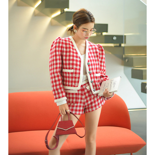 减龄显瘦套装 CAN夏季 羊毛外套女格纹短裤 洋气V领短款 时髦 新款