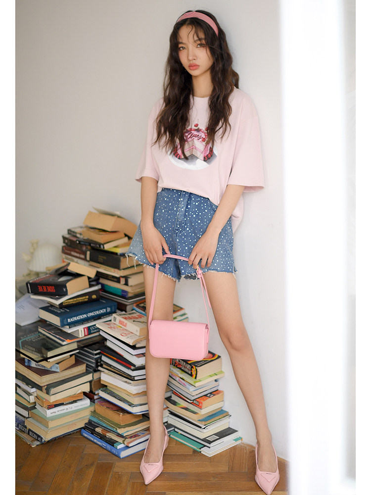 CAN夏季新款 宽松显瘦粉色短袖蛋糕印花T恤休闲百搭简约上衣,女装/女士精品,T恤,淘宝优惠券,粉丝福利购,淘宝优惠卷