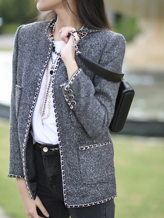 外套休闲短款 复古风羊毛粗花呢灰色西装 西服女 新款 CAN秋季