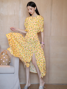 显瘦开叉长裙 甜美少女黄色小雏菊碎花连衣裙修身 CAN夏季 新款