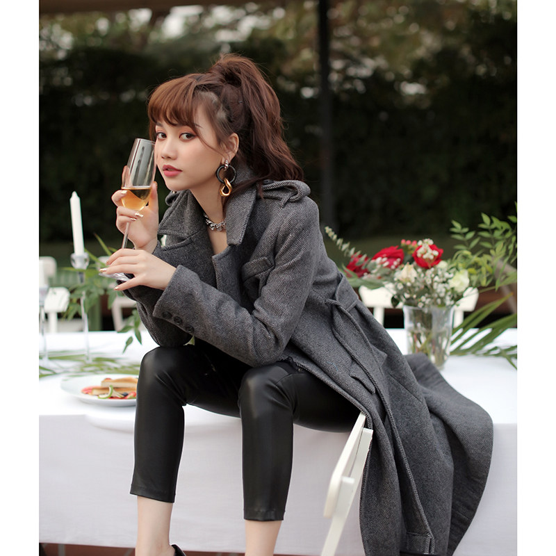 CAN冬季新款 欧美风街拍灰色毛呢外套女时尚绑带中长款大衣