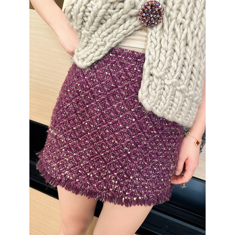 CAN春季新款粗花呢高腰半身裙女