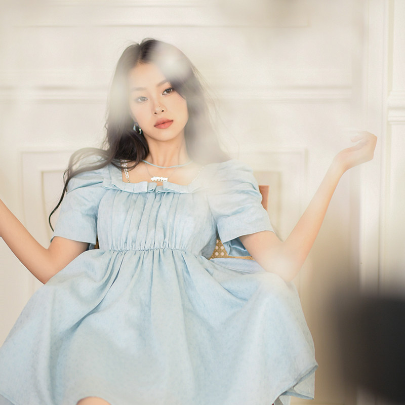Forevercan法式名媛公主连衣裙女夏季新款短款方领别致优雅公主裙