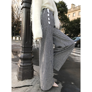 CAN秋冬新款 子女 温柔条纹纽扣直筒宽松阔腿百搭高腰休闲裤