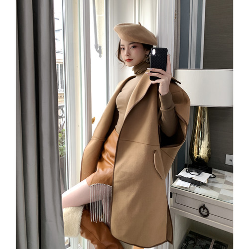 can赫本风斗篷侧边开叉呢子外套