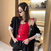 Forevercan 2022春夏设计感手工立裁精纺高街黑色西装 外套女