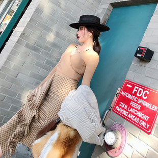 CAN秋冬新款 不规则流苏格子A字高腰包臀百搭显瘦半身短裙女