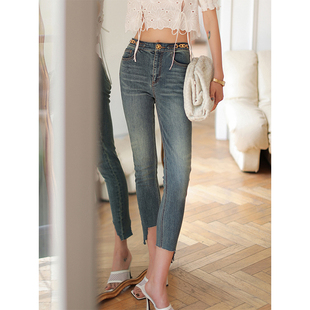 新款 不规则牛仔裤 CAN夏季 高腰薄款 女修身 显瘦百搭小脚九分裤