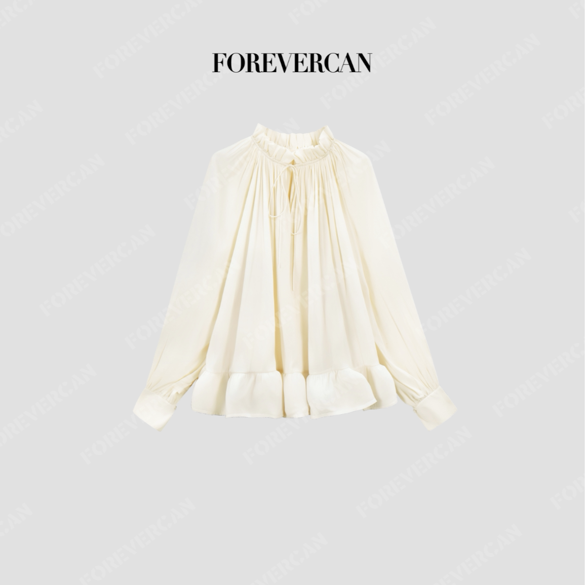 Forevercan女装“白栀”花苞领系带灯笼袖长袖上衣