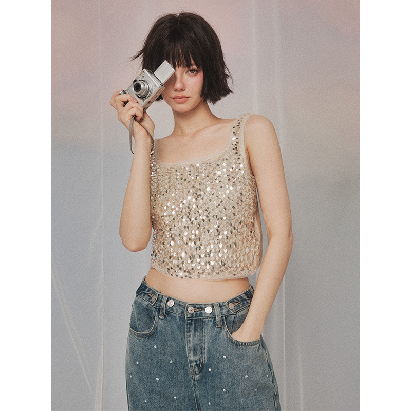CAN夏季新款设计感亮片背心