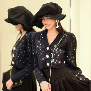 开衫 名媛风短款 针织上衣女设计感小众烫钻毛衣 新款 CAN秋季