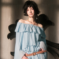 Forevercan女装夏季新款梦回爱琴海一字肩连衣裙时尚气质名媛裙子